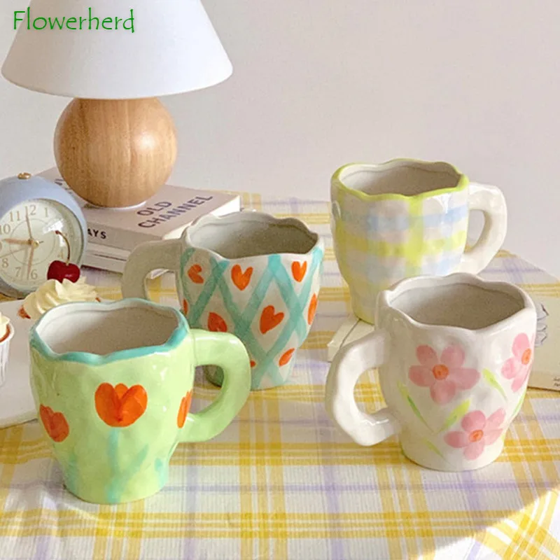 

Hand Pinch Ceramic Coffee Cup with Handle Creative Flower Heart Stripe Coffee Mug Home Couple Drinking Cup Office Water Cup