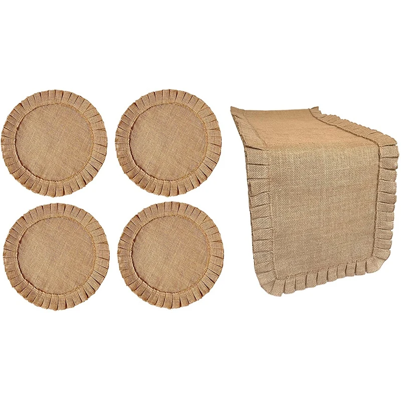 

Rustic Farmhouse Burlap Set. Natural Jute. Ruffled Design(1 Table Runner in 72 in Long + 4 Placemats in 15 in Diameter)