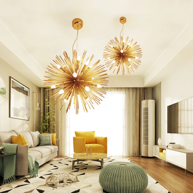 Post-modern Gold Geometric Ball Chandelier Lighting Living Room Restaurant Spark Ball Bar iron lamp