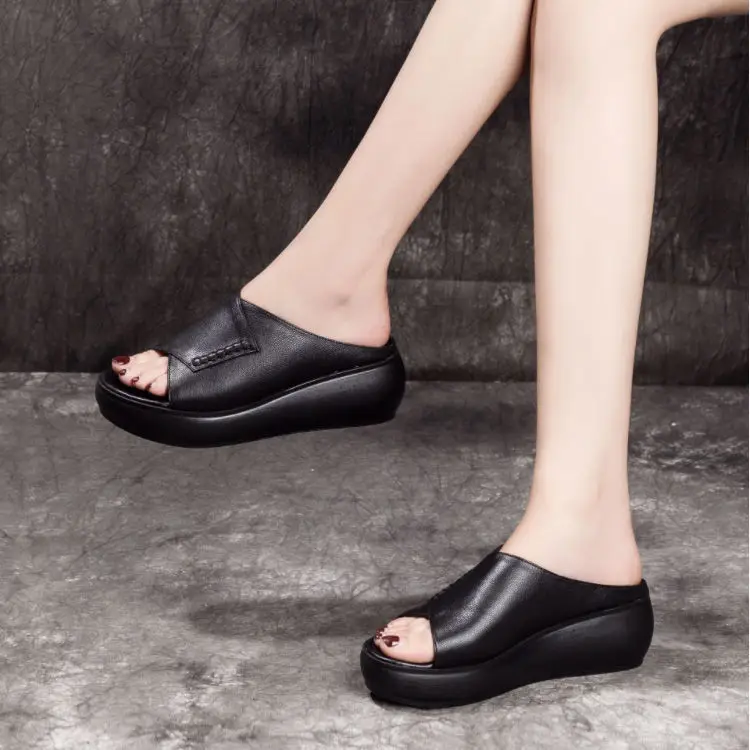 2023 Summer New Slope Heel Mom Shoes Thick Sole Slippers for Women Outerwear Slippers, Tall Matsuke Shoes, Fish Mouth Slippers