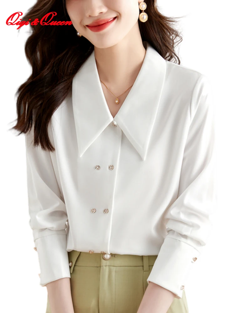 

Осень 2023, простая белая офисная шифоновая блузка Qiqi & queen, женская рубашка, топы с длинным рукавом, атласные повседневные корейские свободные блузки для женщин