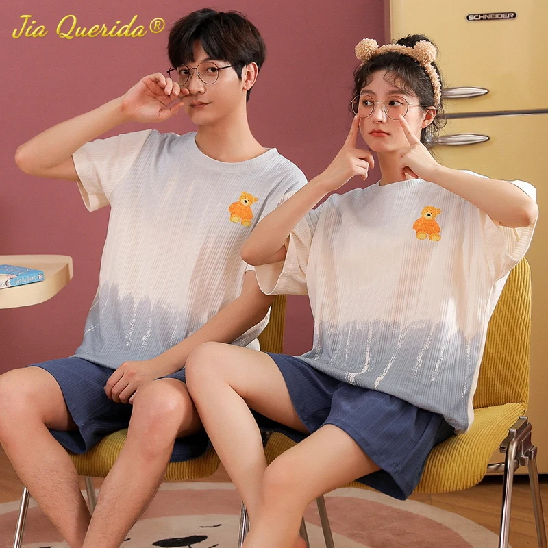 

Молодежные пижамы для пар, летние новые шорты, трикотажные хлопковые дышащие пижамы для мужчин и женщин, Одинаковая одежда для дома, одежда ...