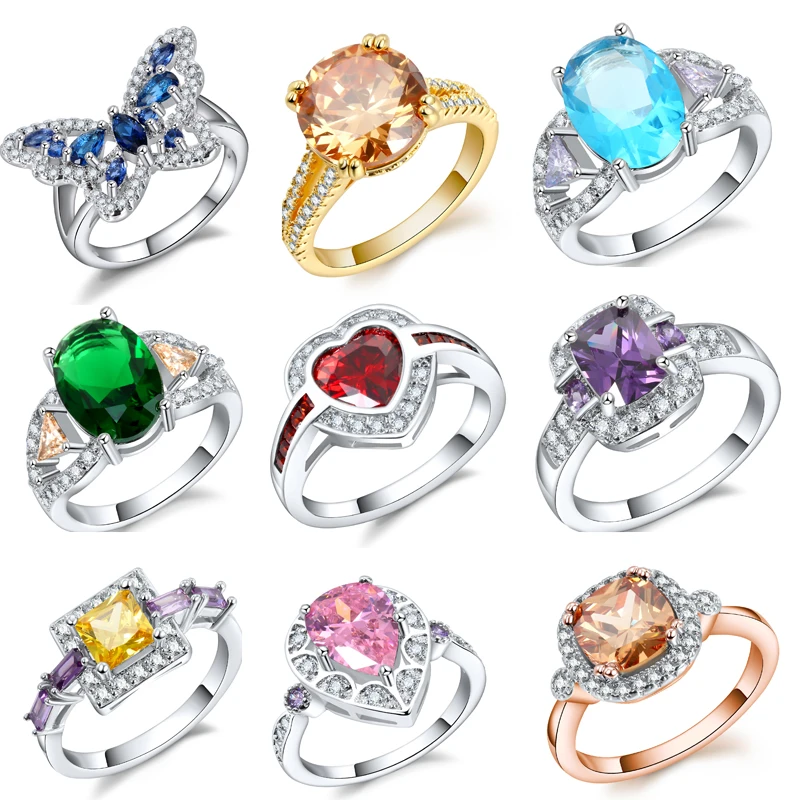

Elegant 18k Gold Plated Heart Promising Zircon Ring For Women Butterfly Colorful Wedding Emerald Party Engagement Jewelry