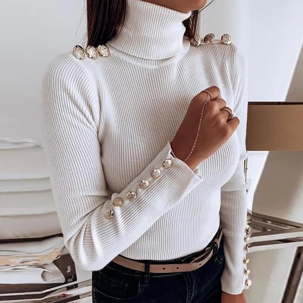 

Turtleneck Long Sleeves Ribbed Buttons Decor Bottoming Blouse Women Autumn Winter Solid Color Skinny Warm Pullover Top