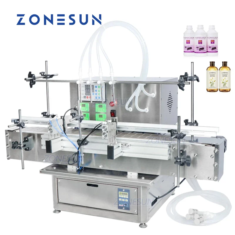 

ZONESUN Liquid Filling Machine 4 Nozzles ZS-DTDP-4P Tabletop Automatic Juice Soy Milk Drink Bottle Water Filler For Production