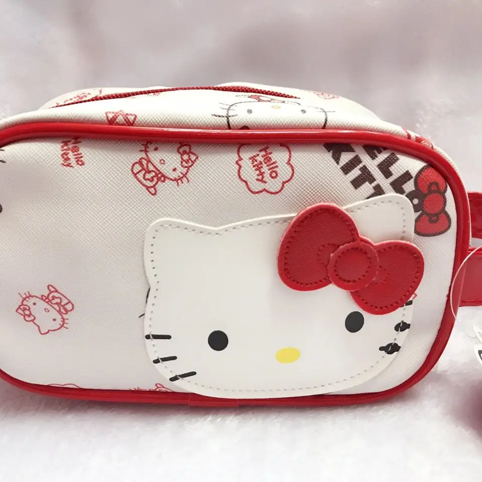Hello Kitty Bag Cute Bow Women's Cartoon Cat Face PU Leather Storage Cosmetic Bag Waterproof