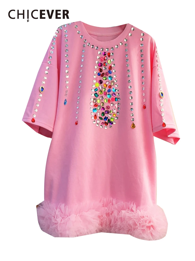 

CHICEVER Spliced Diamonds T Shirts For Women Round Neck Short Sleeve Oversize Hit Color Ruched Straight T Shirt Female Summer