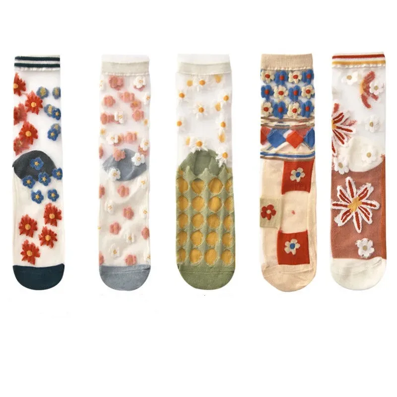 Модные носки летние тонкие женские чулки прозрачные шелковые жаккардовые