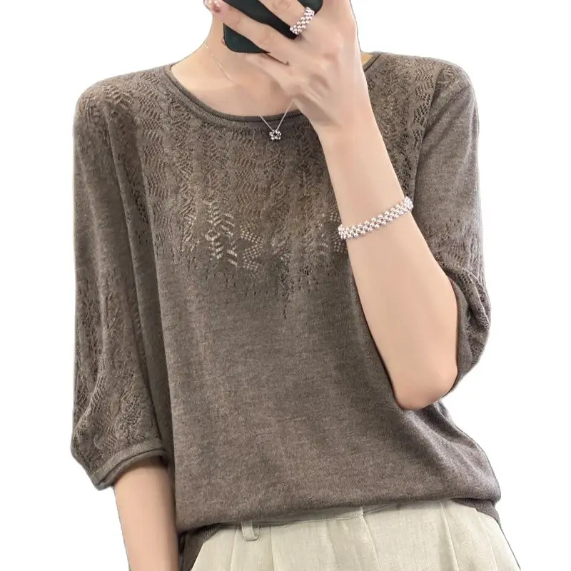 

Women's Hollow Out Round Neck Australian Fine Imitation Wool Short Sleeve Pullover Summer New Solid Loose Soft Knitted T-shirt
