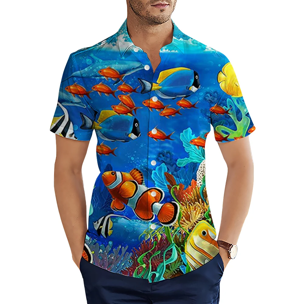 

Гавайские рубашки, Забавные милые повседневные рубашки для мужчин с 3D-принтом морского дельфина, морской звезды, летние топы с коротким рук...