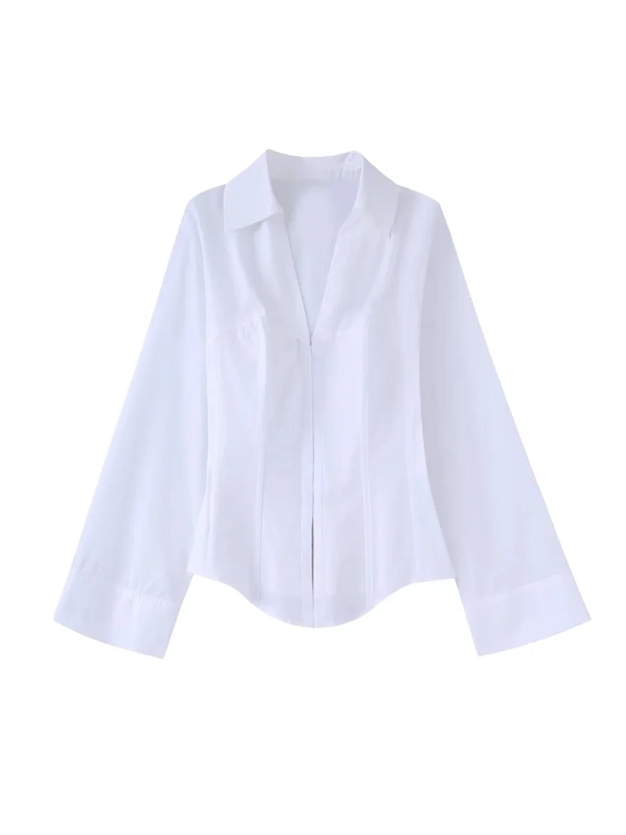 

Women Fashion White Poplin Sheath Corset Shirts 2022 Summer New Full Sleeves Open Stitch Turn-Down Collar Casual Tops Mujur