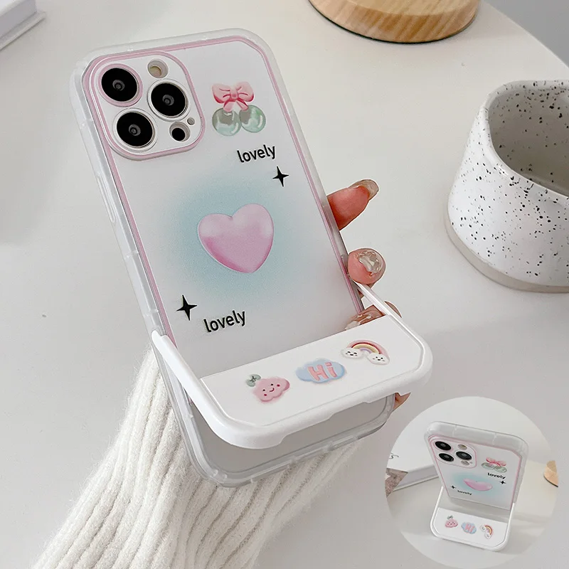

New Cherry Love Heart Invisible Bracket shockproof Phone Case For iPhone 13 11 12 Pro XS Max XR X 8 7plus Soft Silicone Cover