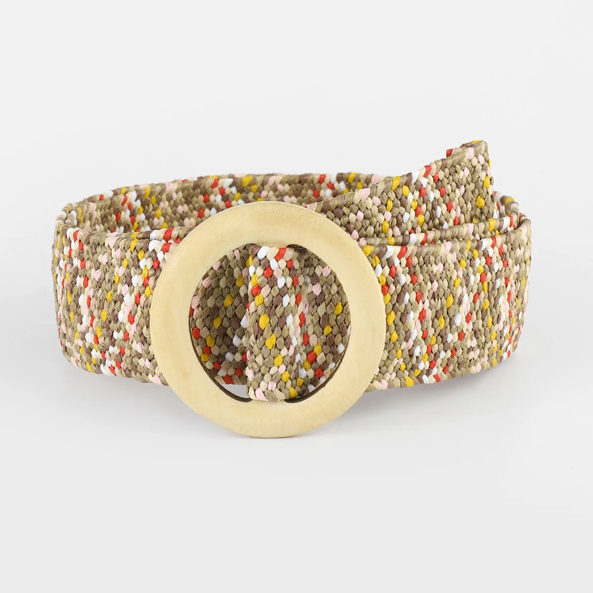 

2022 summer farm style beach belt women pp grass stretch colorful elastic belt female with wooden round buckle