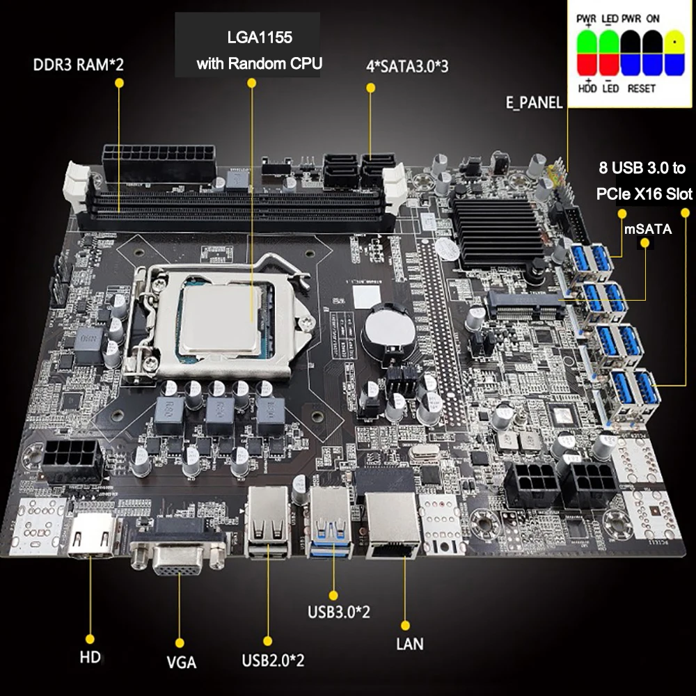 Материнская плата B75 для майнинга 8 USB 3 0 к PCIE X16 PCI-E 16X LGA 1155 случайный ЦП DDR3 SATA mSATA