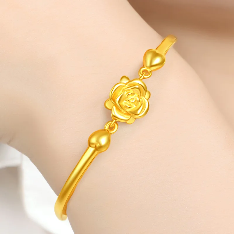 Купи 14k OriginaGold Plated Rose Bracelet for Women Women Girl Flower Bangle Bracelets Wedding Anniversary High Jewelry Gifts за 643 рублей в магазине AliExpress