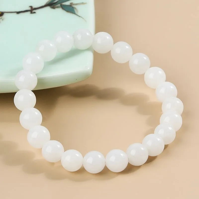 

JD Natural White Hetian Jade Bead Bracelet Women Elegant Hand String Nephrite Material Strand Bangles Round Bead Wristband Gift