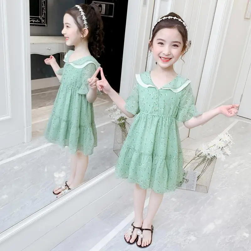 

2022 Summer Girls Dresses for Kids Floral Chiffon Thin Princess Dress Children's Girl College Style Elegant Clothes 6 7 8 Years