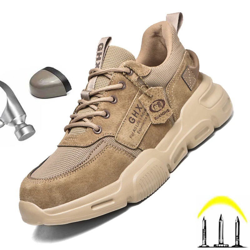

2023 Work Safety Shoes Steel Toe Anti-puncture Indestructible Men Safety Boots Kevlar Insole Suede Leather Upper Work Sneakers