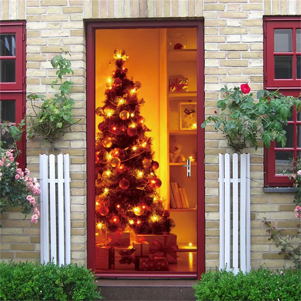 Рождественская серия дверных наклеек Санта-Клаус и Лось наклейки ПВХ обои Дерево камин Снежный постер Рождественские декоративные наклейки