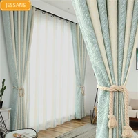 striped nordic style blue green curtains for living room shade chenille thickened warmth and cold proof curtains