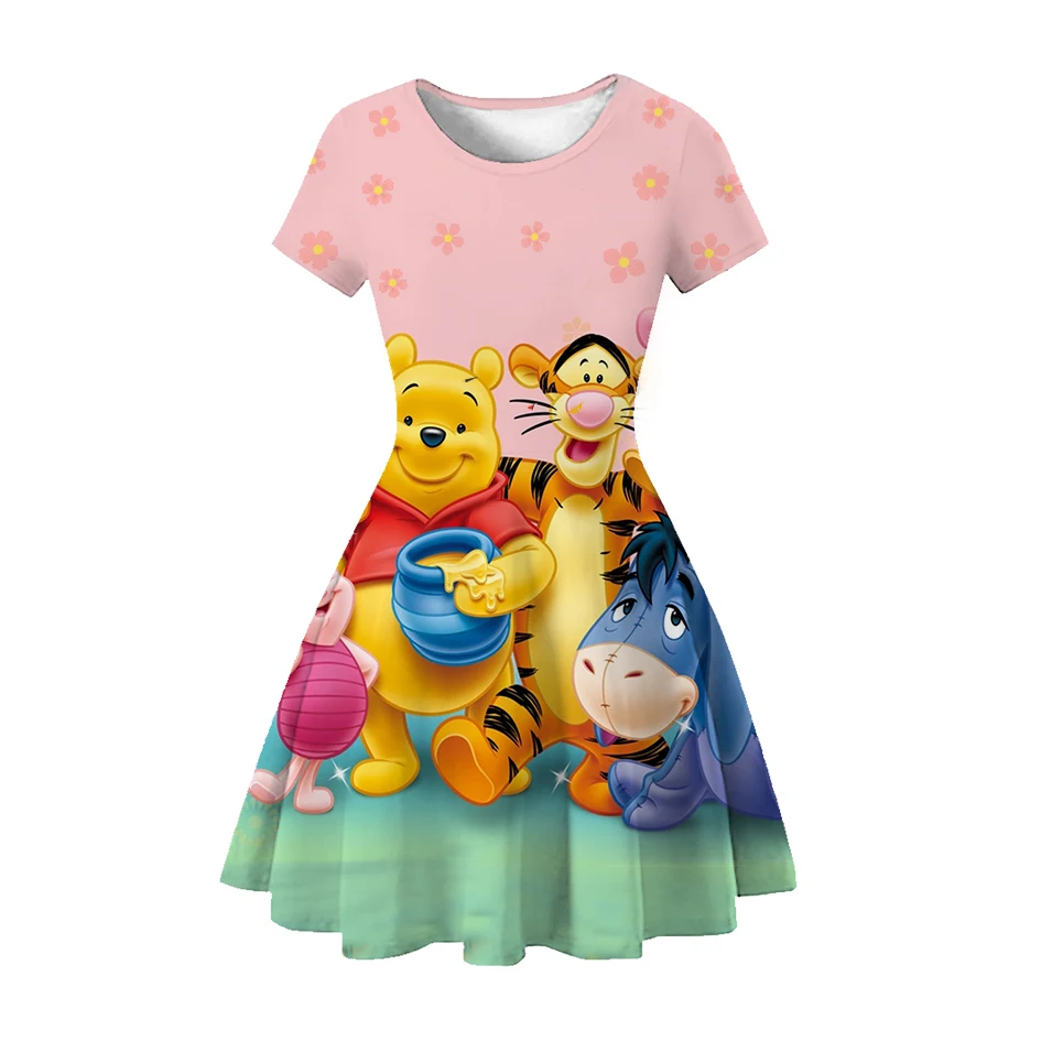 Disney Cartoon Winnie the pooh With Piglet 3D Print Dress For Girls Summer Short Sleeve Dressess Kids Cute Princess Vestidos