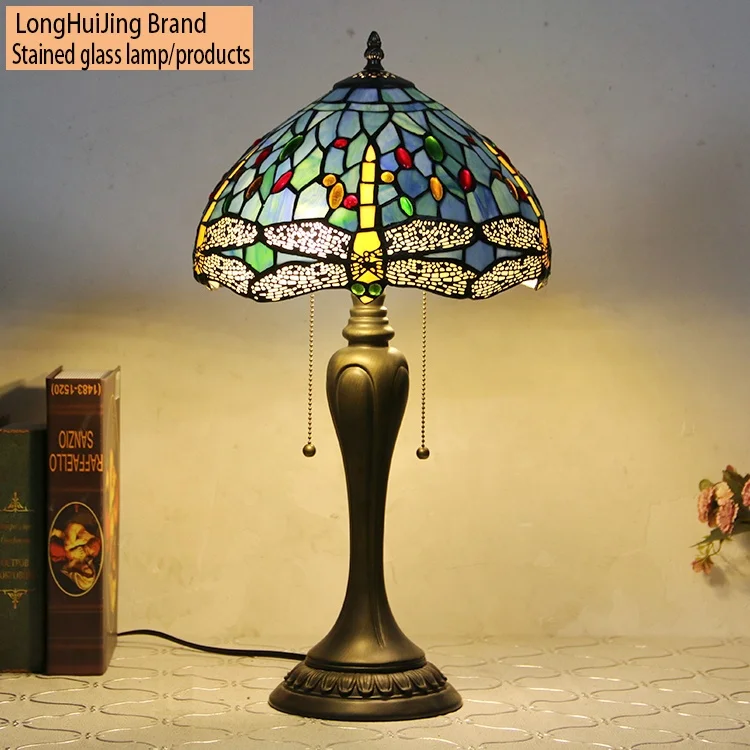 

LongHuiJing 12 Inch European Pastoral Retro Table Light Tiffany Colorful Dragonfly Pattern Shade Lamps