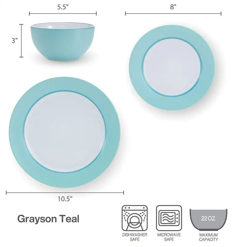 

Fashionable, Teal 12-Piece Stoneware Dinnerware Set with White Round Plates, Bowls and Mugs - Perfect for Any Table Setting and