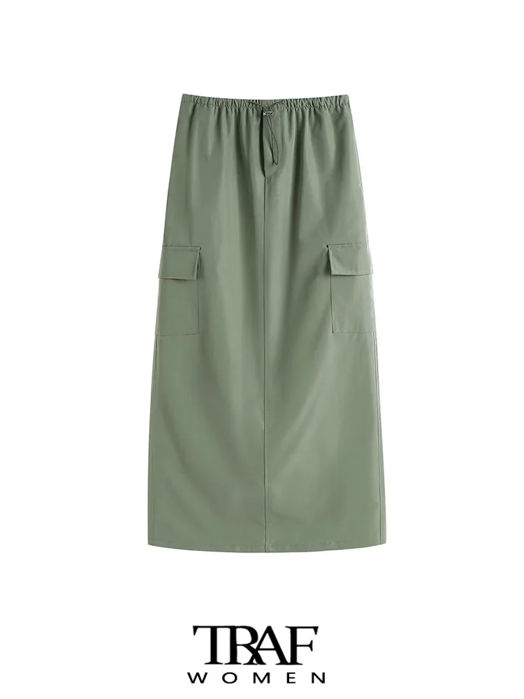 

TRAF Women Fashion Side Pockets Cargo Midi Skirts Vintage High Elastic Waist With Drawstring Female Skirts Mujer