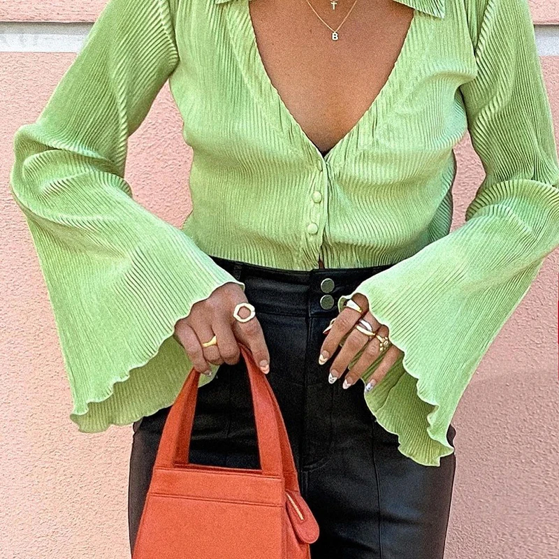 

New Chic Green V-Neck Buttons Shirts Summer Women Ladies Laple Long Flare Sleeve Ribbed Tops Fashion Ladies Slim Shirts