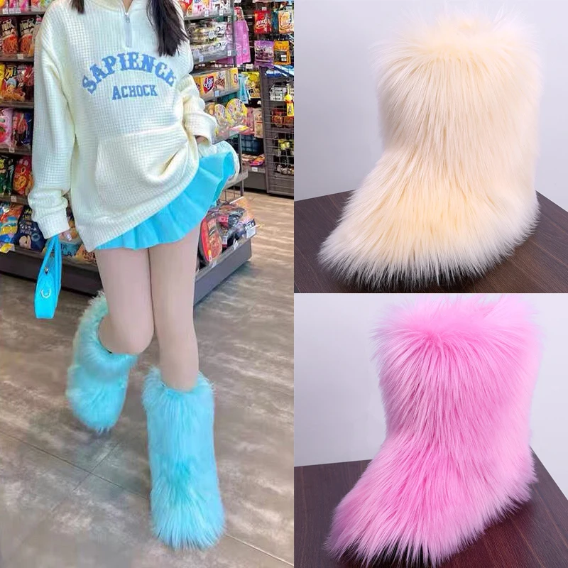 

High-end Wool-like Snow Boots Women's Winter Velvet Warm Fashion Fuzzy Boots Tube Flat Bottom Casual Women's Shoes Floor Boots