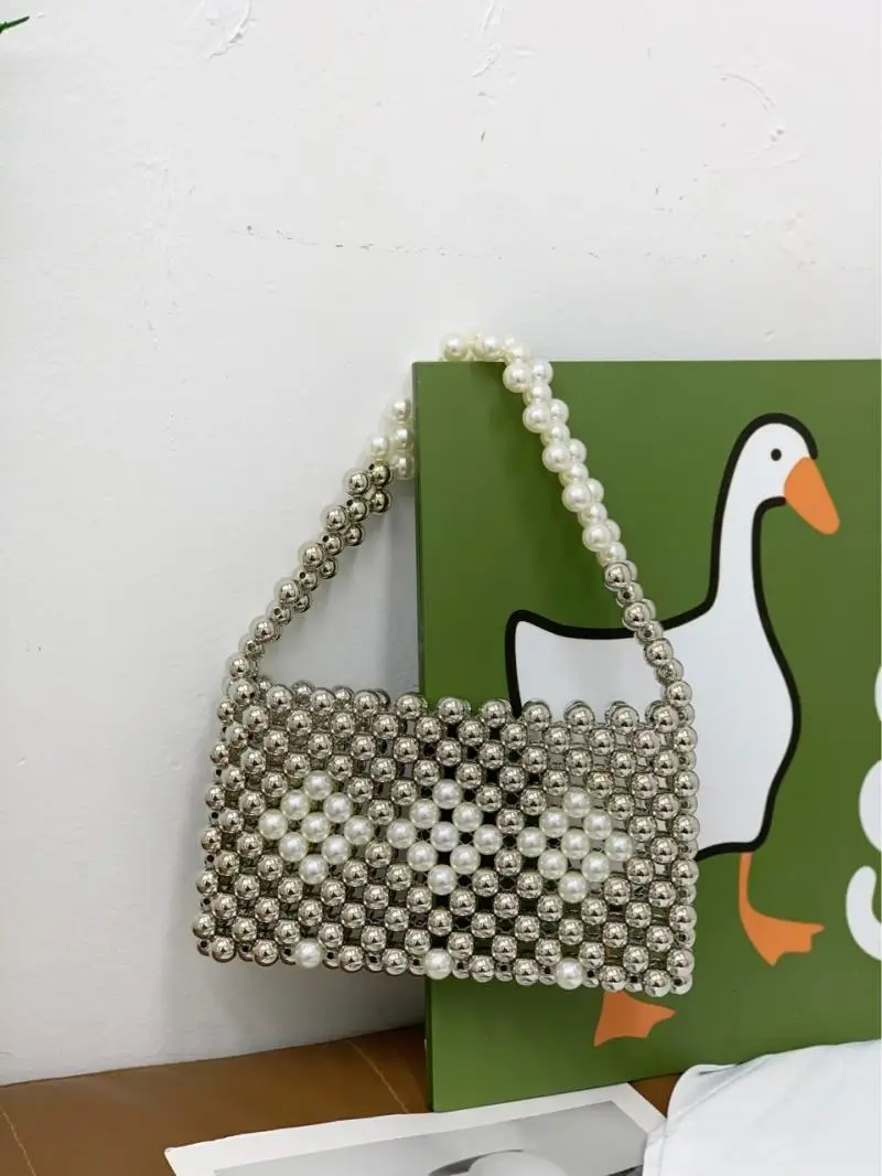 Bolsa de Ombro Senhoras de Alta Bolsas de Alça Bohemia Frisado Tecido Feminino Padrão Quadrado Pérola Axilas Bolsa Moda Bolsas Qualidade