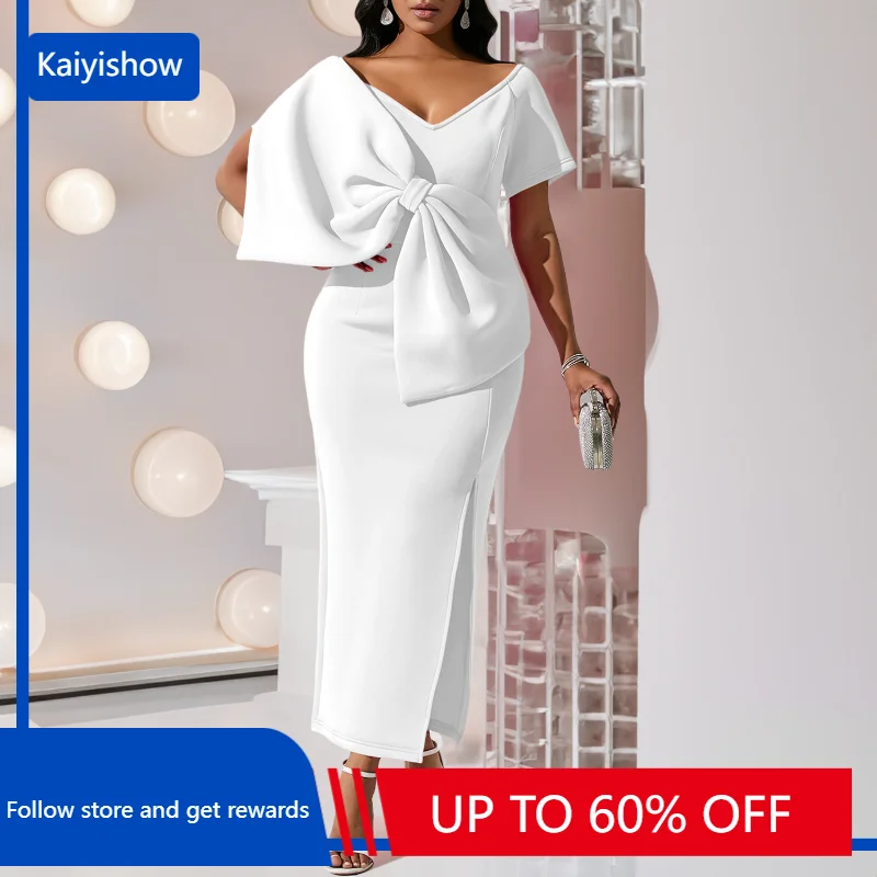 

African Women Long Dresses 2023 Summer Sexy Big Bow Elegant V-neck Party Wedding Polyester White Pink Purple Robes Maxi Dress