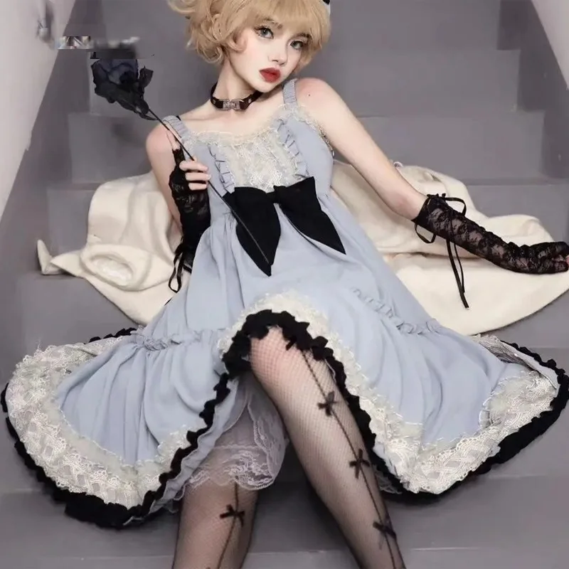 

Bow Sling Cake Dresses Female Girls Women High Waist Lace Ruffle Loli DressGothic Lolita JSK Dress 2022