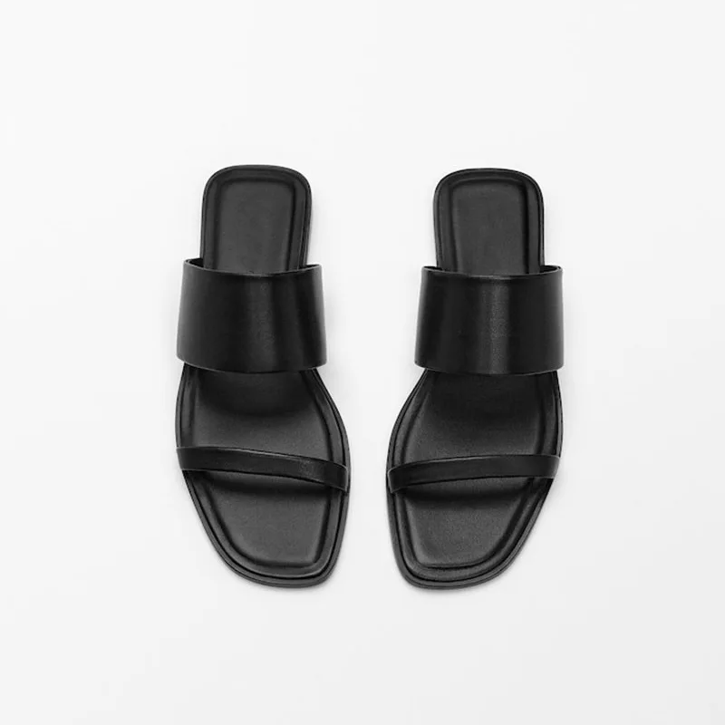 

2023 Summer New Fashion Genuine Leather Women Slippers Casual Simple Style Black Slides Women Open Toe Slim Flat Shoes Female