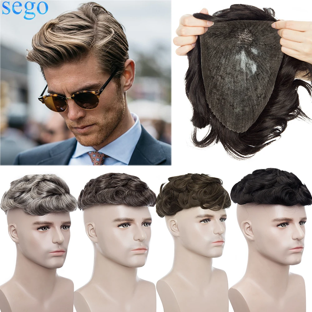 SEGO 8''x10'' Durable PU Skin Men Toupee Human Hair Wig V Loop 0.2MM Indian Hair System Replacement Hairpiece Density 100%