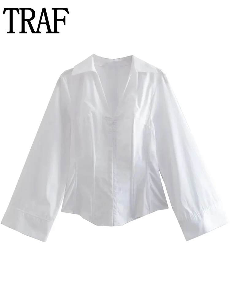 

TRAF Women's White Blouse Long Sleeve Corset Top Female Fashion Collared Cropped Summer Women Tops And Blouses Casual Y2K Top