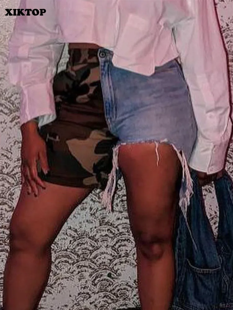 

Шорты XIKTOP женские с вставками, модные короткие штаны из денима в стиле пэчворк, повседневные Асимметричные джинсовые базовые, на лето