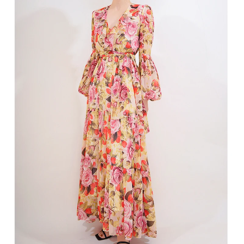 

Женское винтажное шифоновое платье макси, элегантное розовое платье с цветочным принтом и V-образным вырезом, плиссированное платье с длинным рукавом, лето 2023
