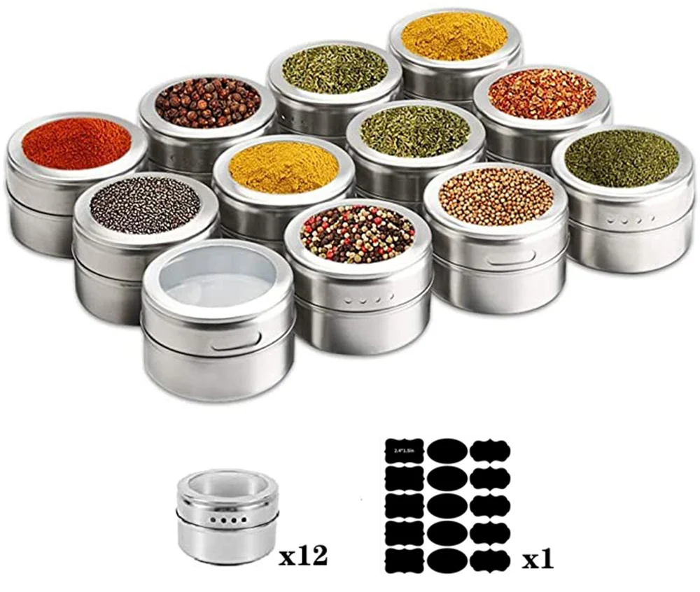 

12pcs Magnetic Spice Tin Jar Set with Stickers Stainless Steel Spice Storage Container Pepper Seasoning Pot Sprays Tools