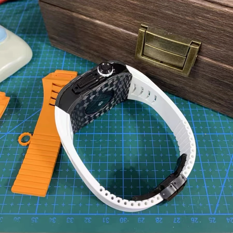 Carbon Fiber Modification Kit for Apple Watch 40mm 41mm Metal Butterfly Clasp Mod Kit for IWatch 8 7 6 5 4 SE Fluororubber Strap