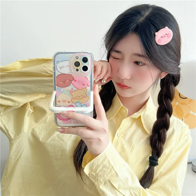 

Clear Silicone Standard Holder Phone Case For iPhone 11 12 13 Pro Max 14 Pro Max Pink Cute Animals Back Protective Covers Fundas