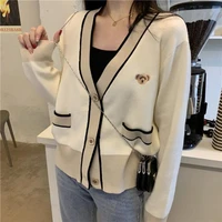 bear embroidered knitted cardigan women v neck full sleeve single breasted sweater color blocked vintage ladies ins jumpers tops