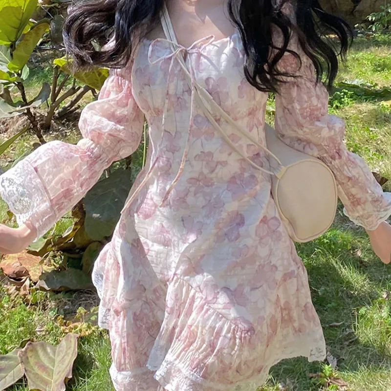 

French Romantic Holiday Lolita Girl Mini Dress Square Collar Floral Print Irregular Lace Hem Dress Puff Sleeve Slim Dating Dress