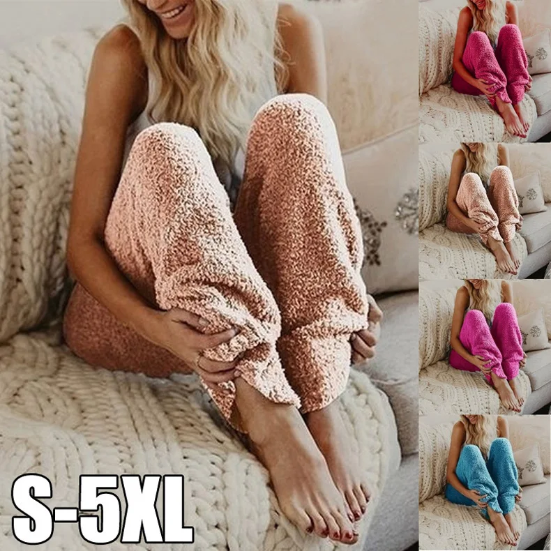 

Fluffy Plush Long Pants Winter Women's Soft Plush Flannel Pajama Sleep Bottoms Night Wear Solid Color Thicker Trouser
