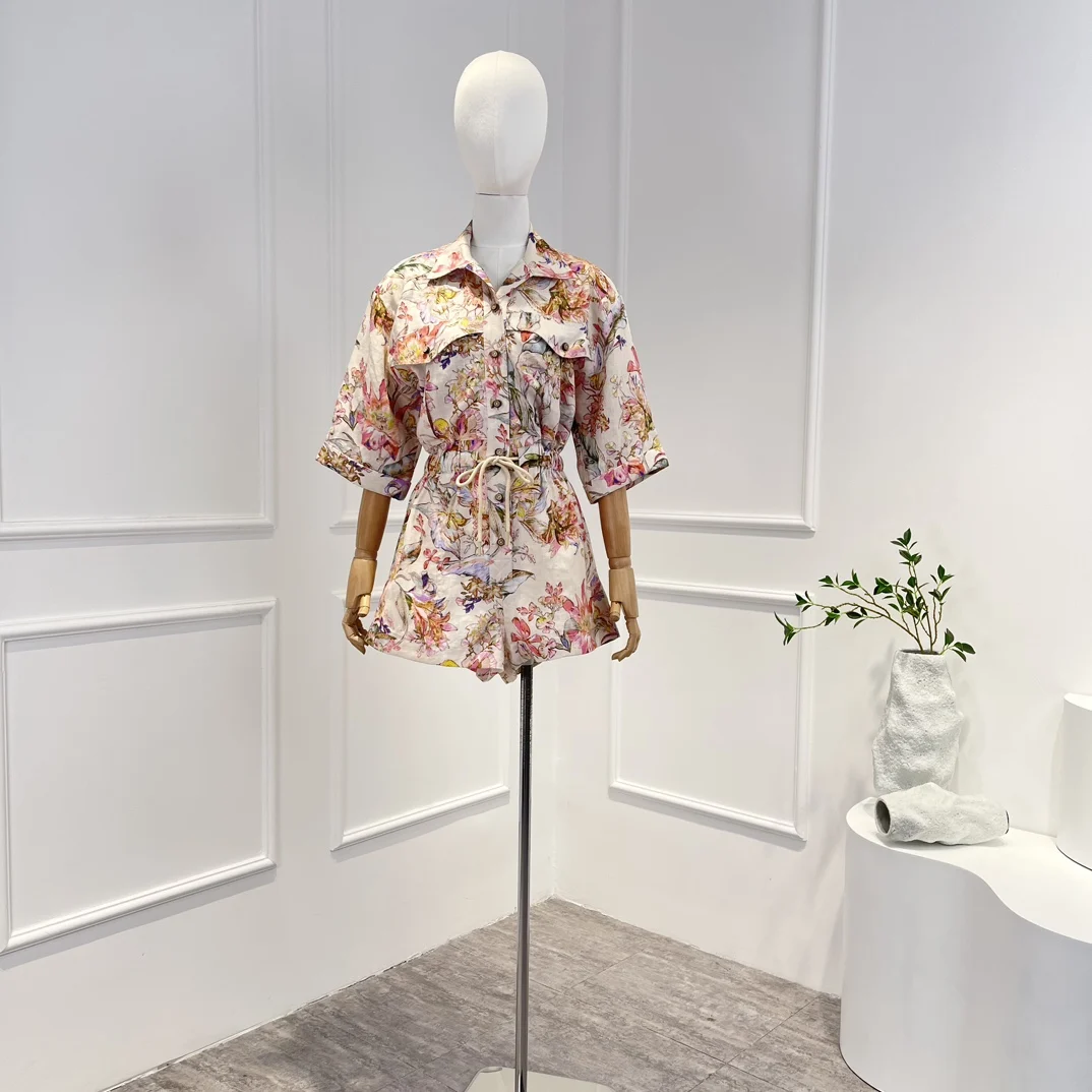 

Vintage Floral Print Ladies Linen Shorts Playsuits Elastic Waist with Drawstring Turn-down Collar 2023 New Arrivals