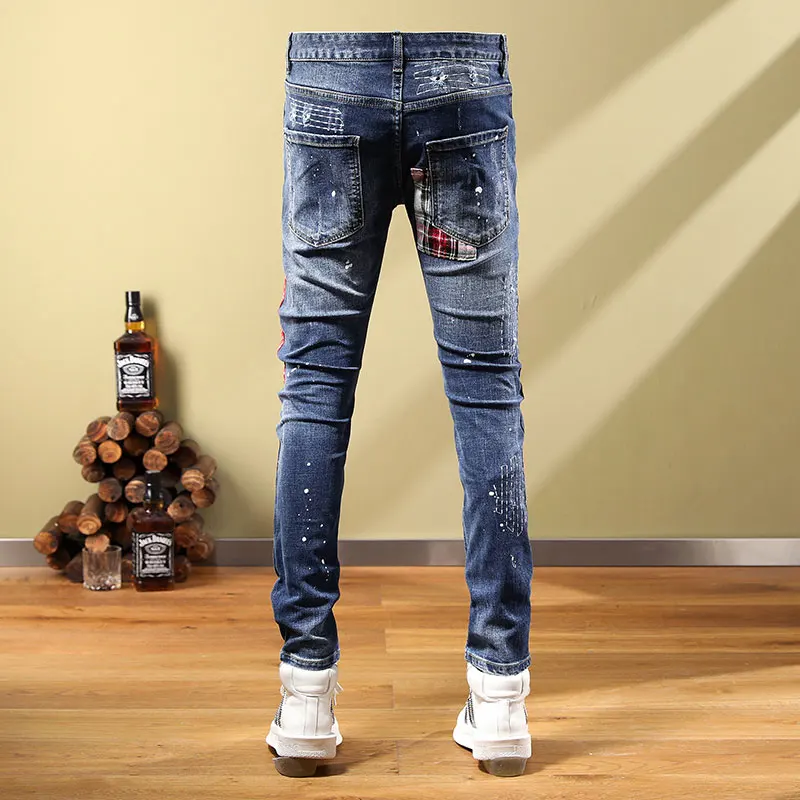 Streetwear Fashion Men Jeans Retro Blue Elastic Slim Fit Ripped Jeans Men Embroidery Patch Designer Hip Hop Denim Pants Hombre