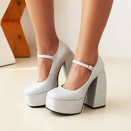 

Туфли большого размера на высоком каблуке, квадратный носок, толстая подошва, блестящие, для свадьбы, большой размер