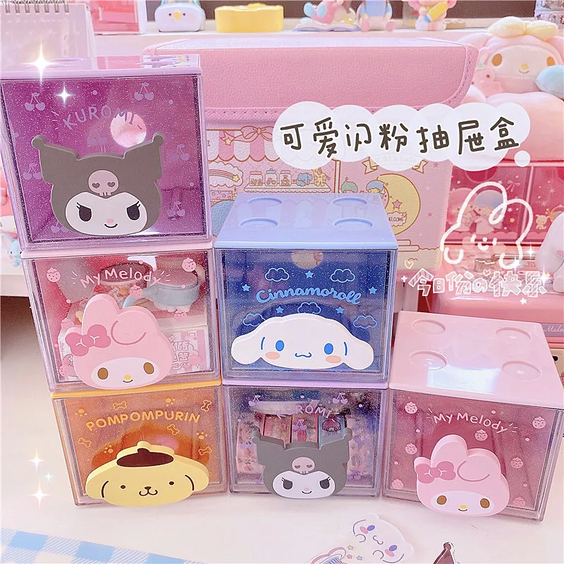 

Kawaii Sanrio My Melody Cinnamoroll Kuromi Purin Anime Cartoon Desktop Overlay Drawer Box Dustproof Splicing Storage Box