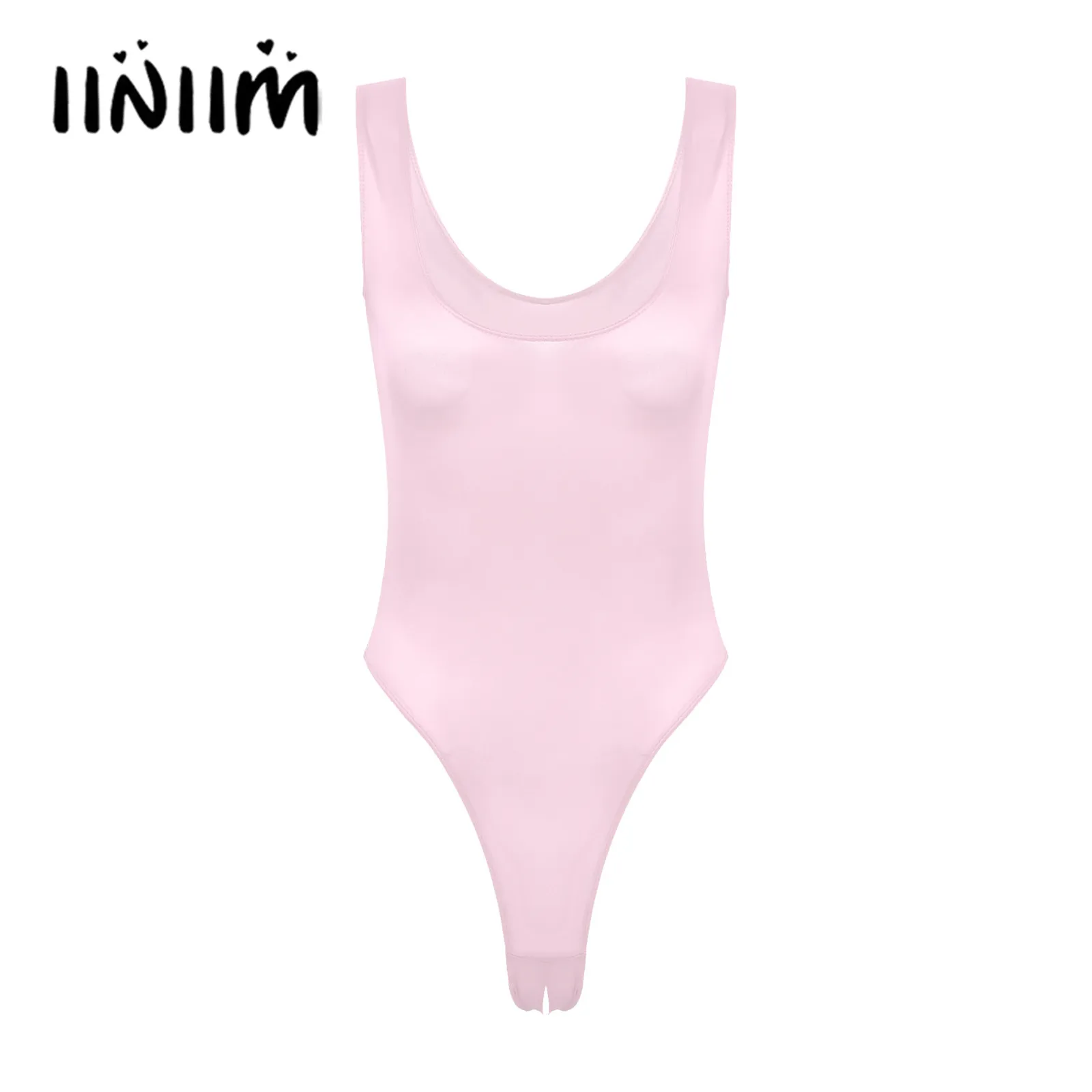 

Womens Lingerie Crotchless Bodysuit Glossy Stretchy Scoop Neck Teddies Costume See-through High Cut Thong Leotard Nightwear