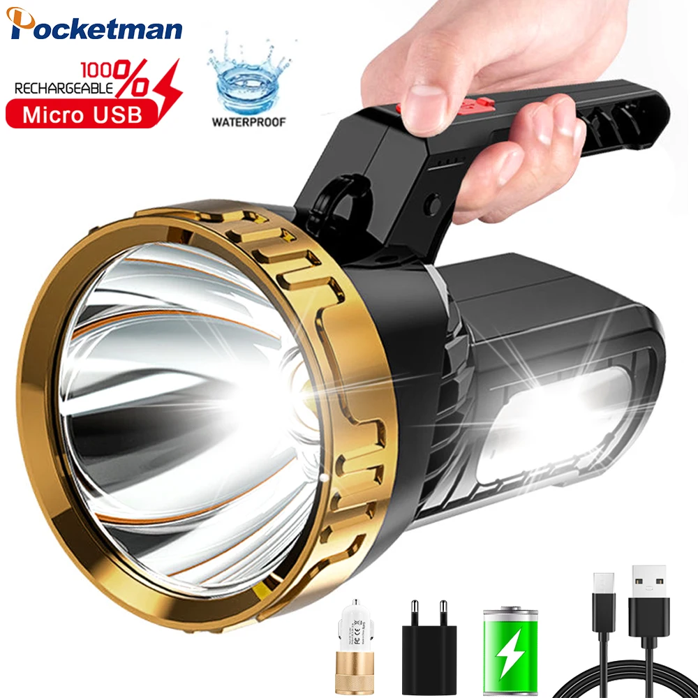 

LED Flashlight Portable USB Rechargeable Work Light Waterproof Torch Emergency Light with Side Light for Camping Hiking Fishing